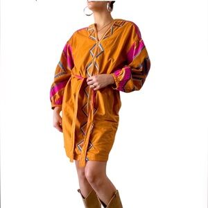 Anthropologie Tribal Embroidered Boho Midi  Tunic Pockets Bohemian Belted